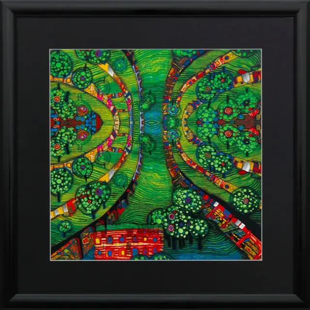 Friedensreich Hundertwasser: "Green Town", reproduction It is not least the handling of the color that makes the hundredwater work so unique. He instinctively uses them (according to the well -known art historian Wieland Schmied) and thus achieves the greatest possible effect with dream -related security. The deep black painted solid wood strip of the glazed frame and the black passpartout with a white slanted cut edge make hundred water shine even more. High-quality reproduction in 7 to 9 colors, refined in a embossing process with strongly light-breaking metal foil and partly coated with partial UV lacquer. Format 59 x 59 cm. Copyright: Ars Mundi / Friedensreich Hundertwasser / 2014 by Namida AG, Glarus / Switzerland. Hundertwasser is one of the internationally best known artists of our time. His worldwide reputation has already been consolidated in the 1960s. A moving and moving career followed. His aura, his power, was the harvest of his painting and his versatile work. Demonstrations, speeches and happings, actions, contributions to ecology, the use of life in harmony with nature, manifest for nature, more human -friendly architecture and for improving people&#39;s life. Tree tenants, foresting of the roofs, greening of the cities, humus toilets, restoration of social values ​​and the natural cycles. A reminder against environmental pollution, against the dangers of nuclear energy, against natural history and the destruction of nature and for a waste -free society. Our latest magazine contribution fits: What do CSRD and ESRs mean for the art and creative industries? (see https: // www. kunstplaza .de/Kunstszene-2/CSRD-ESRS-art-creative industries/)